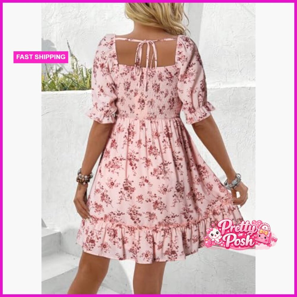 Cotton Square Neck Smocked Boho Floral Sundress A-Line Mini Dress - Picture 3 of 7